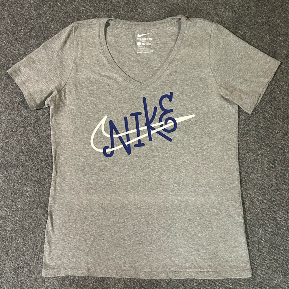 Nike Women's Gray V-Neck Tee with Blue Logo Large